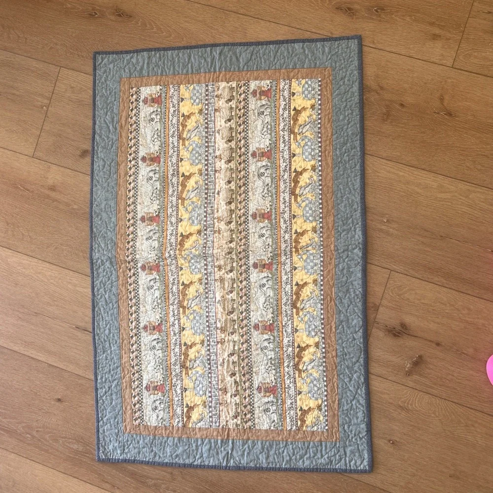 Noahs Ark Baby Quilt Blanket Animals Blue Brown Nursery Crib Bedding 25x38